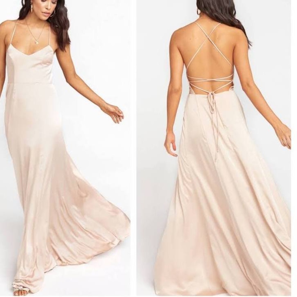 Show Me Your Mumu Godshaw Goddess Gown in Champagne Luxe Satin, Bridesmaid Dress